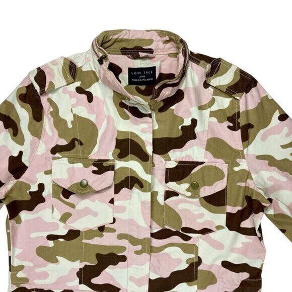 Love Tree Camouflage Jacket Women L Pink Brown Full Zip Street Style Bomber Coat - Picture 2 of 16